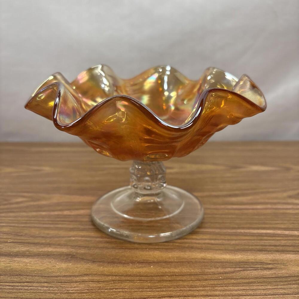 Vintage Marigold Carnival Glass Footed Bowl/Compote - Uranium Glass Glow!
